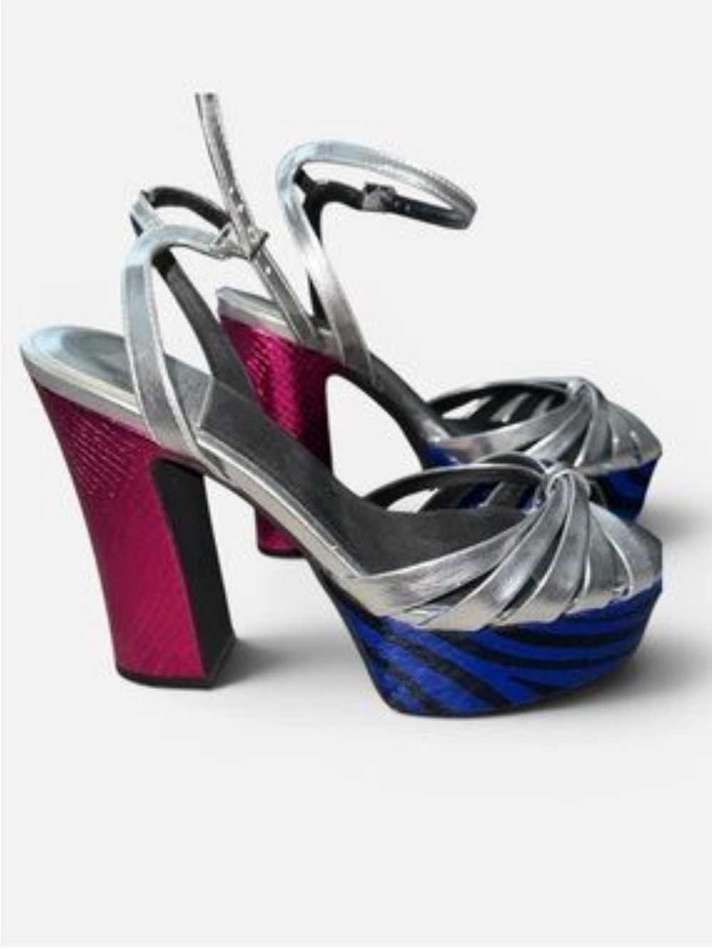 SCHUTZ Silver Strappy Platform Sandals with Blue Platform and Pink Block Heel